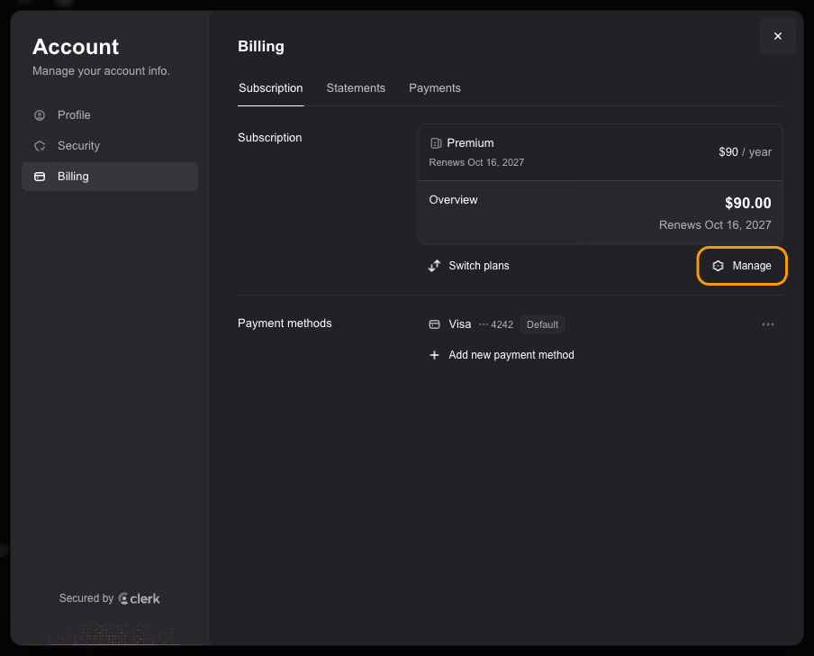 Billing tab showing the Premium subscription with the Manage button highlighted