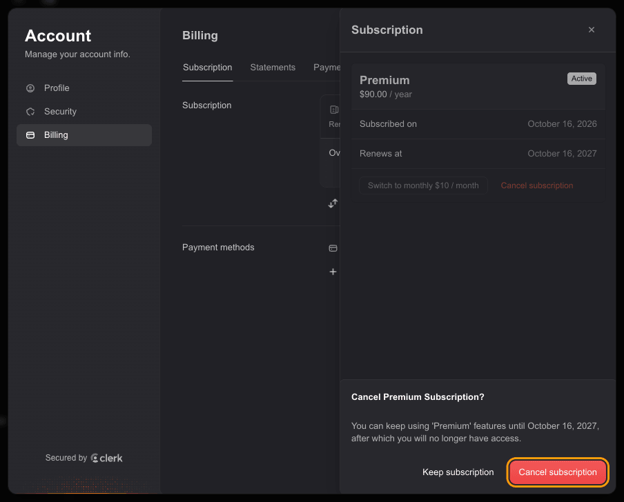 Cancel subscription confirmation showing the date access ends