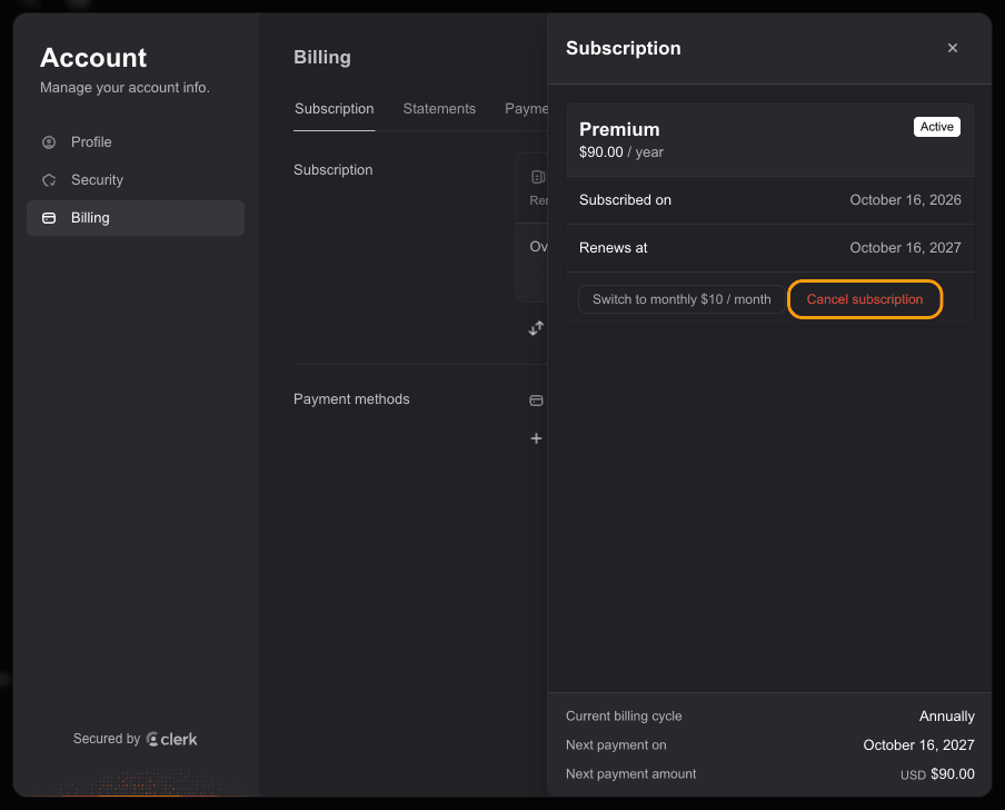 Subscription panel with the Cancel subscription button highlighted