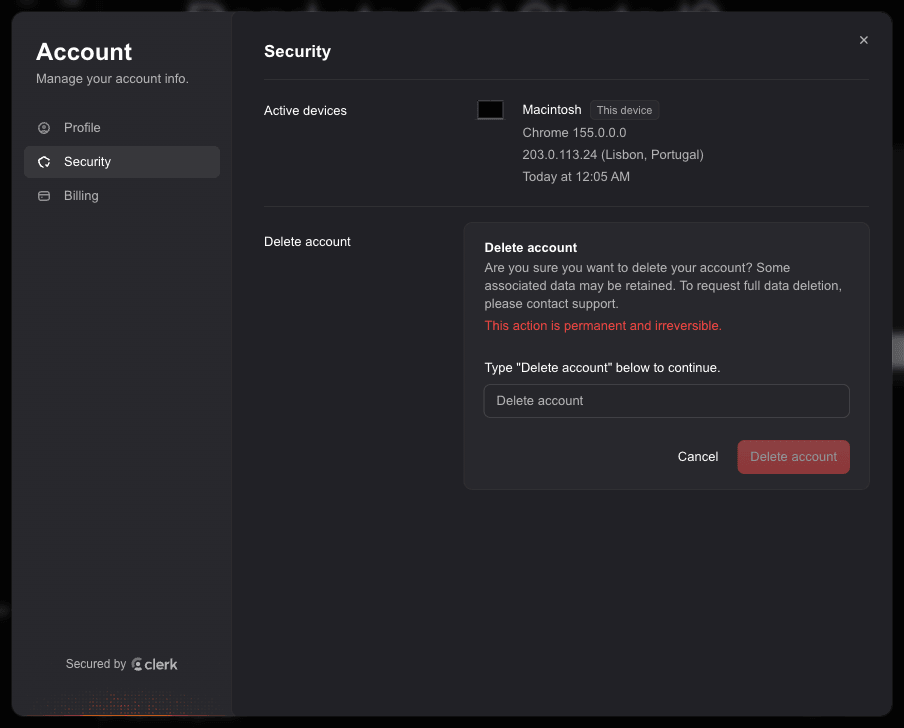 Delete account confirmation asking you to type Delete account to continue