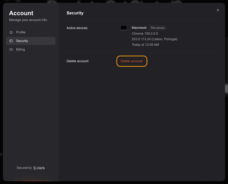 Security tab of the Account window with the Delete account button highlighted