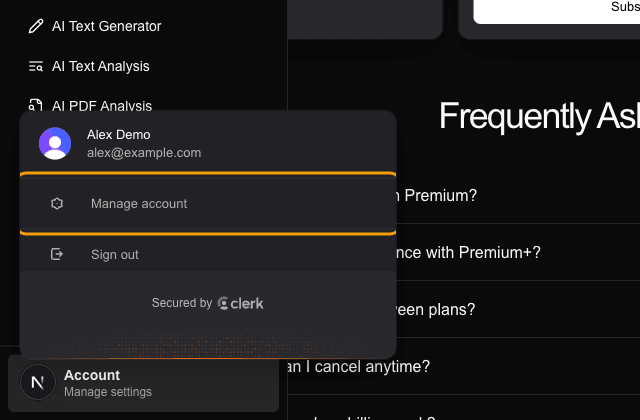Sidebar account menu open with Manage account highlighted
